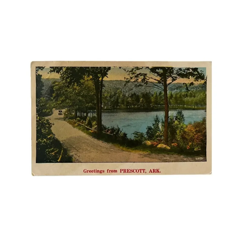 Vintage Litho Postcard 1929 Ephemera Lake Scene Greetings From Prescott Ark NYCE
